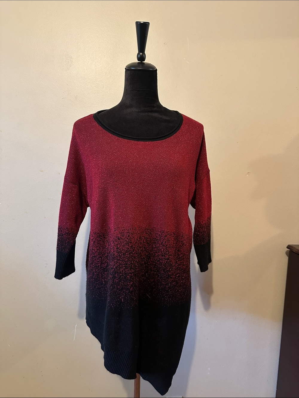 Faded Glory Red to Black Ombre Sparkly 3/4 Sleeve Knit Asymmetrical Sweater
